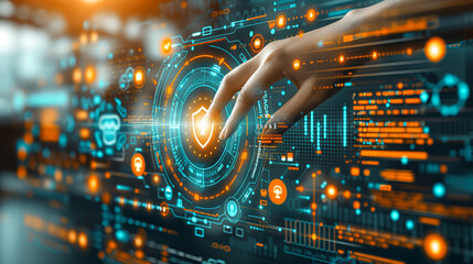 Cybersecurity Vigilance, businessman's hand pressing a shield security icon, on a virtual button, symbolizing vigilance and readiness to combat cybersecurity challenges