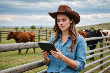 Young woman using digital tablet at corral fence on cattle ranch