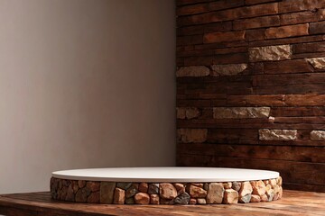 Product packaging mockup photo of  3d display rustic wood and stone podium, studio advertising photoshoot