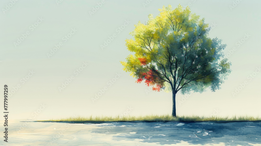 Poster spring tree with leaves, vector watercolor of tree side view isolated on white background for landsc
