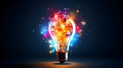Colorful light bulb with glowing particles on dark background. Energy and Creativity concept.  Abstract Innovation Art.