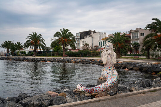 Mosaic sculpture of a mermaid on the promenade along the Marmara Sea on the Buyukada island of the Prince Islands, Istanbul, Turkey