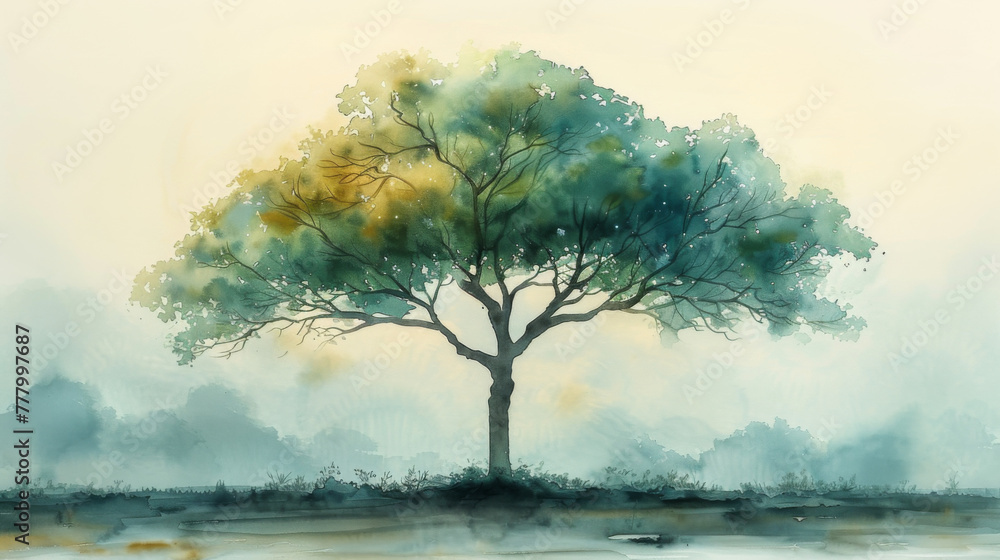 Poster spring tree with leaves, vector watercolor of tree side view isolated on white background for landsc