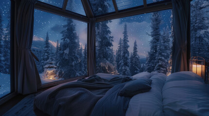 a glass dome bedroom in the arctic forest, starry sky outside, warm bed with grey sheets and white pillows, warm light inside, night time, beautiful stars