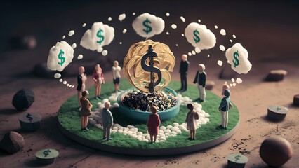 Financial Discussion: Miniature People in Circle Talking About Money in 3D Render