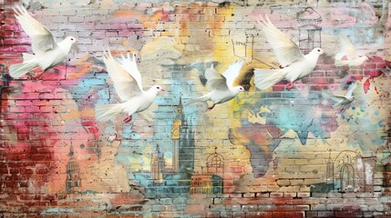 Doves in Flight on Colorful Graffiti Wall
Artistic graffiti on a worn brick wall featuring iconic city structures with multiple white doves in dynamic flight.
