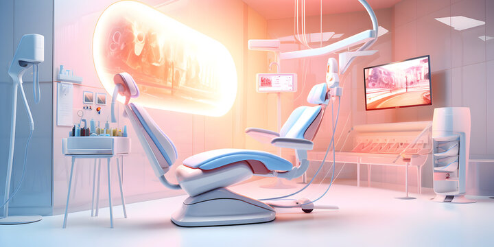 An image of a dentists office featuring a chair and desk for patient and administrative purposes Dentist office
