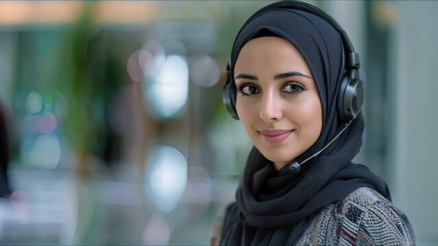 Professional Muslim woman in white office, working at call center with headphones