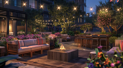 Design an outdoor lounge area with comfortable seating, fire pit and string lights for socializing in the evening on a small terrace of luxury residential building
