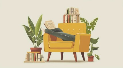 Cozy Reading Nook with Stacked Books for Self Improvement and Personal Growth in a Peaceful Modern Interior Setting