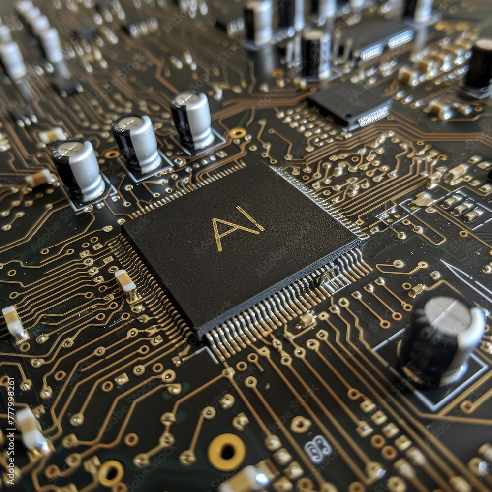 Aufkleber alphabet 'ai' on microchip on computer mainboard. generative ai