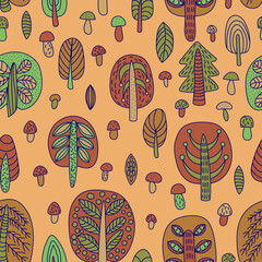 Mushroom forest. Seamless ornament with motifs of trees and mushrooms in a flat style. The theme of ecology and love for nature, nature conservation. Vector illustration