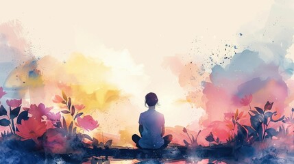 Peaceful Meditation in a Serene Watercolor Landscape of Blended Wellness Themes - obrazy, fototapety, plakaty