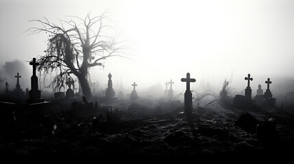 Spooky Graveyard in Black and White Mist Eerie Cemetery with Ancient Gravestones and Tombs with black and white background
 - obrazy, fototapety, plakaty