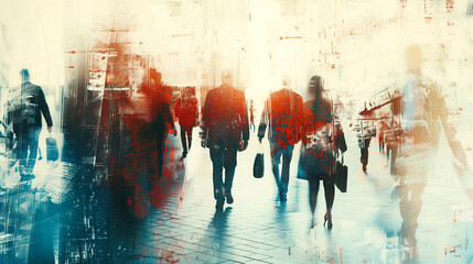 Abstract depiction of business, people walking on the street