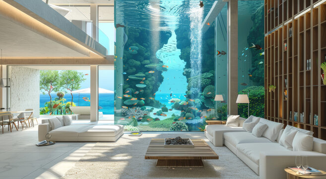 An underwater house in the Maldives with large windows and an aquarium inside, a sofa with coral patterns and blue pillows, a driftwood coffee table, a large glass window showing clear water
