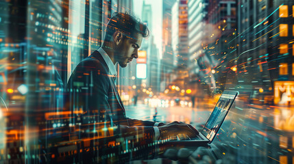Urban Business Scene, Immersed Businessman Working on Laptop, Conceptual Image