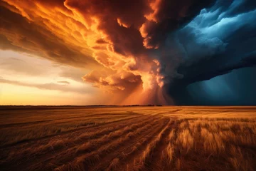 Wandcirkels plexiglas A dramatic thunderstorm over a prairie landscape, Dramatic storm sunset clouds skies heaven cloudscape background, AI generated © Tanu