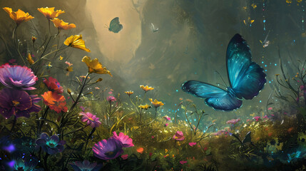 Fototapeta na wymiar A serene meadow in the Feywild colorful flowers and iridescent butterflies. Generative Ai