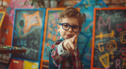 Little boy with glasses standing in front of the blackboard pointing at it, classroom background