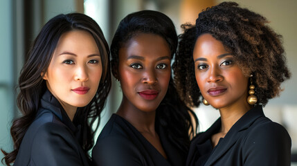 Confident Businesswomen, Asian, American, African, Maintaining Direct Eye Contact