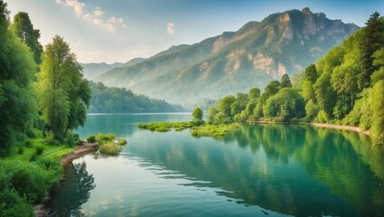 Default_Beautiful_scenery_of_a_lake_surrounded_by_green_trees_1