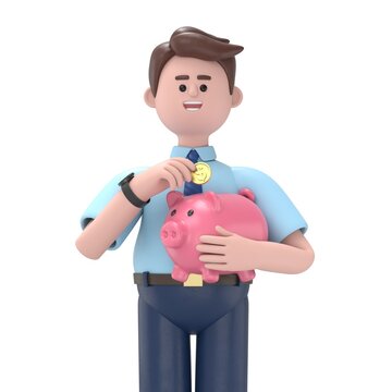 3D illustration of Asian man Felix holds a piggy bank. Concept of saving finances. 3D illustration in cartoon style.3D rendering on white background