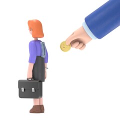 Flat style paying for 3D illustration of European businesswoman Ellen. Big hand insert coin into hole in PEOPLE back. Costly expensive pricey medical insurance.3D rendering on white background