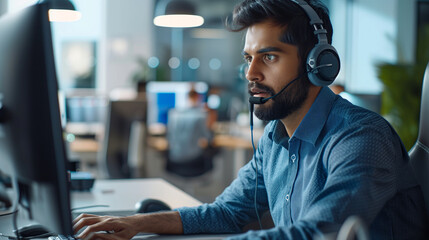 Office Productivity, Man Using Desktop PC with Headset