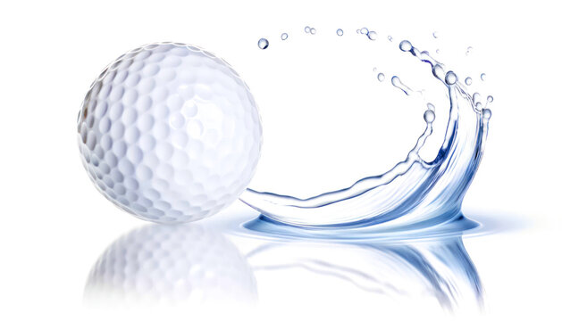 Golf ball in minimalistic water splashes, on white background