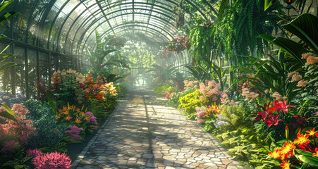 A lush green house filled with vibrant flowers and exotic plants, offering an immersive experience for visitors to explore the beauty of nature in all its glory - obrazy, fototapety, plakaty