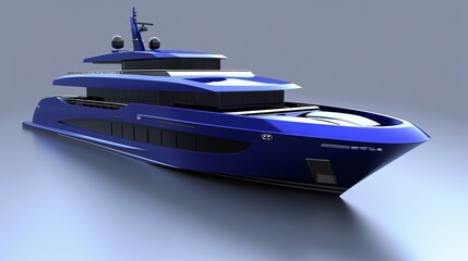 A large blue boat with a stylish and streamlined design and large deck space. Clean background