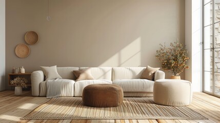 A living room with a tan wall and a tan couch. There is a potted plant in the corner and a vase on a table. The room has a cozy and welcoming atmosphere