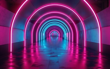 A neon tunnel with pink and blue lights. The tunnel is long and narrow. The lights are bright and...