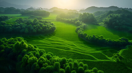 Obraz premium Breathtaking aerial view of lush green rice terraces in sunlight
