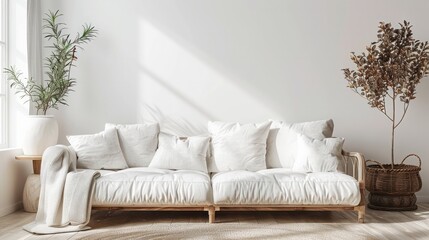 A white couch with a white blanket on it sits in a room with a window and a potted plant. The room is clean and simple, with a minimalist design