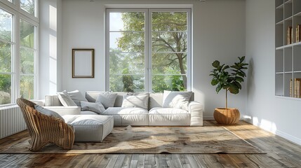 A living room with a white couch, a potted plant, and a white rug. The room is bright and airy,...