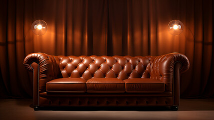 A brown leather couch sits in front of a window with curtains wall lamp on  - obrazy, fototapety, plakaty
