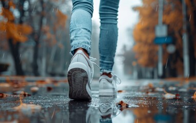 A person is walking down a street in the rain, wearing white sneakers and blue jeans. Concept of solitude and introspection, as the person is alone in the rain and he is lost in thought - Powered by Adobe