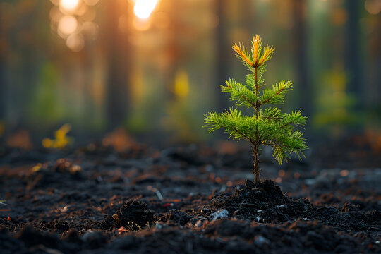 Young pine tree seedling growing in forest at sunrise