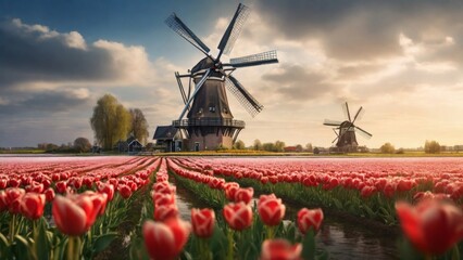 Dutch windmill stands tall amidst a vibrant sea of yellow tulips in Holland. The scene is reminiscent of a bygone era, with a retro tone adding to its nostalgic charm. - obrazy, fototapety, plakaty