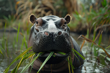 hippopotamus eating the grass - obrazy, fototapety, plakaty