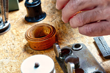 Tiny mechanisms aligned under skilled artisan's hands
