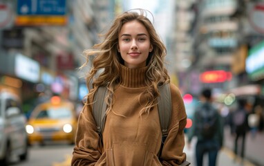 Fototapeta premium A woman wearing a brown sweater and backpack is walking down a city street. She is smiling and she is enjoying her time. The street is busy with cars and other pedestrians