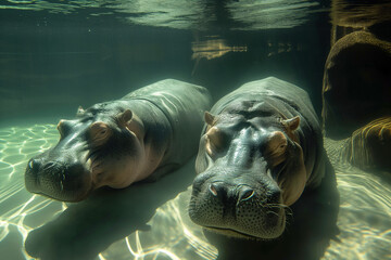 hippopotamus resting in water - obrazy, fototapety, plakaty