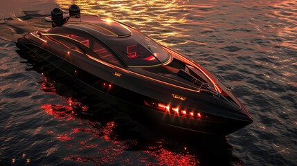 10-crew, ocean-going, high-speed boat with a diving deck at the back and painted matte black with red accents.