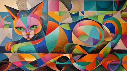 A painting featuring a kitten with colorful images in the chicano art style, illusionism, monumental ensembles 