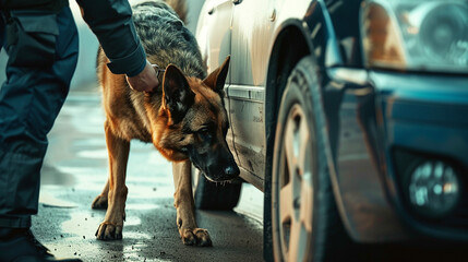A police German shepherd helps to search a detainee's car, looking for a prohibited substance - obrazy, fototapety, plakaty