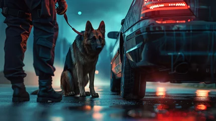 Fotobehang A police German shepherd helps to search a detainee's car, looking for a prohibited substance © Юлия Серая