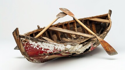 Photo of a wrecked boat on a white background. a boat with oars - obrazy, fototapety, plakaty